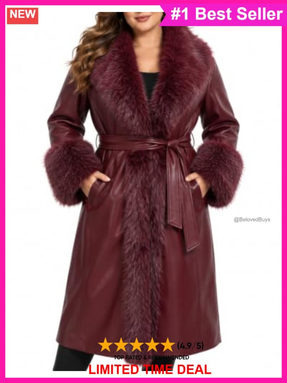 Plus Size Faux Leather Faux Fur Long Winter Coat Belted Overcoat
